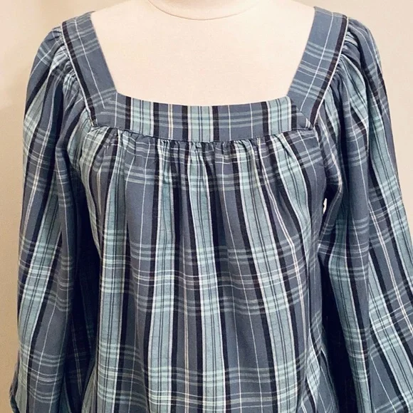 LC Lauren Conrad Teal Green Plaid Square Neck Balloon Sleeves Peasant Top Size M - Picture 2 of 15